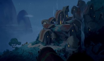 Movie still from “The Emperor's New Groove” (2000), directed by Mark Dindal – An illustration of a bunch of houses on a hill; Extreme Wide shot, Low angle