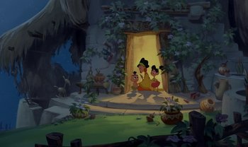 Movie still from “The Emperor's New Groove” (2000), directed by Mark Dindal – A painting of a group of people sitting on a porch; Extreme Wide shot, Low angle