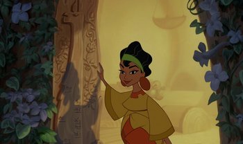 Movie still from “The Emperor's New Groove” (2000), directed by Mark Dindal – A woman in a yellow and red dress is smiling; Medium shot, Over the shoulder angle