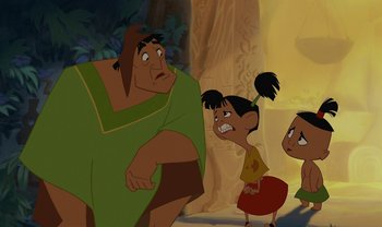 Movie still from “The Emperor's New Groove” (2000), directed by Mark Dindal – A group of people standing next to each other in a room; Medium shot, Over the shoulder angle