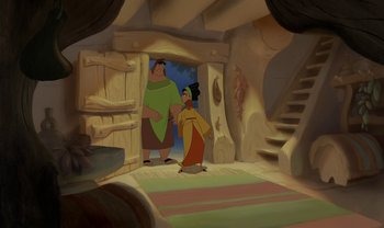 Movie still from “The Emperor's New Groove” (2000), directed by Mark Dindal – A couple of people standing next to each other in a room; Wide shot, Low angle
