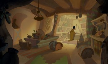 Movie still from “The Emperor's New Groove” (2000), directed by Mark Dindal – An artist's rendering of an indian kitchen with pots and pans; Extreme Wide shot, High angle