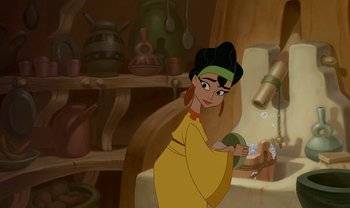 Movie still from “The Emperor's New Groove” (2000), directed by Mark Dindal – A woman in a yellow dress holding an apple; Medium shot, High angle