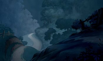 Movie still from “The Emperor's New Groove” (2000), directed by Mark Dindal – A painting of a road going through a forest; Extreme Wide shot, High angle