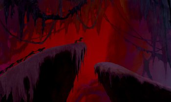 Movie still from “The Emperor's New Groove” (2000), directed by Mark Dindal – A painting of two birds sitting on top of a cliff; Extreme Wide shot, Low angle