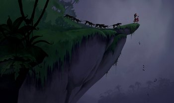 Movie still from “The Emperor's New Groove” (2000), directed by Mark Dindal – A group of animals walking across a cliff; Extreme Wide shot, Low angle