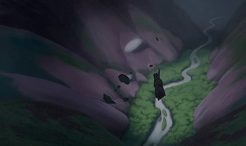 Movie still from “The Emperor's New Groove” (2000), directed by Mark Dindal – An image of an animated scene of a forest; Extreme Wide shot, Overhead angle
