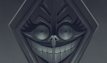 Movie still from “The Emperor's New Groove” (2000), directed by Mark Dindal – The face of an evil looking mask; Extreme Close Up shot, Overhead angle