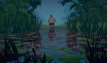 Movie still from “The Emperor's New Groove” (2000), directed by Mark Dindal – An image of a man standing in the water; Extreme Wide shot, High angle