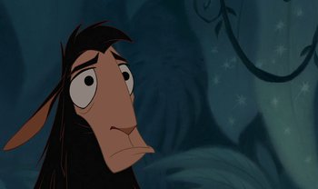 Movie still from “The Emperor's New Groove” (2000), directed by Mark Dindal – A cartoon character with a surprised look on his face; Close Up shot, Low angle