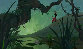 Movie still from “The Emperor's New Groove” (2000), directed by Mark Dindal – An animated scene of a man jumping off of a tree; Extreme Wide shot, High angle