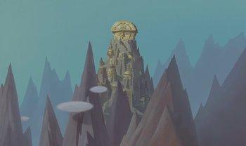 Movie still from “The Emperor's New Groove” (2000), directed by Mark Dindal – An illustration of a castle in the middle of a mountain; Extreme Wide shot, Low angle