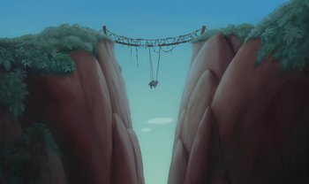 Movie still from “The Emperor's New Groove” (2000), directed by Mark Dindal – A painting of a person hanging on to a rope bridge; Extreme Wide shot, Low angle