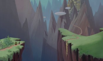 Movie still from “The Emperor's New Groove” (2000), directed by Mark Dindal – A painting of mountains and a castle in the background; Extreme Wide shot, High angle