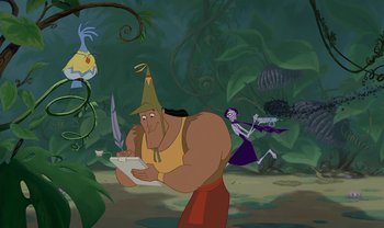 Movie still from “The Emperor's New Groove” (2000), directed by Mark Dindal – A man with a hat and a book in his hand; Medium shot, Over the shoulder angle