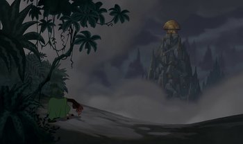 Movie still from “The Emperor's New Groove” (2000), directed by Mark Dindal – An image of an animated scene with a castle in the background; Extreme Wide shot, High angle