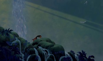 Movie still from “The Emperor's New Groove” (2000), directed by Mark Dindal – An animated scene of a person on a cliff; Extreme Wide shot, High angle