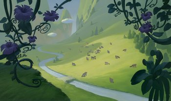 Movie still from “The Emperor's New Groove” (2000), directed by Mark Dindal – A painting of a green valley with a river running through it; Extreme Wide shot, High angle