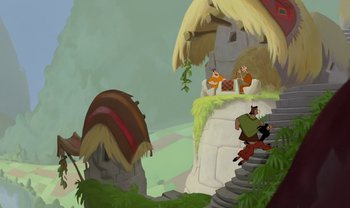 Movie still from “The Emperor's New Groove” (2000), directed by Mark Dindal – An animated scene of a man and a fox; Extreme Wide shot, Low angle