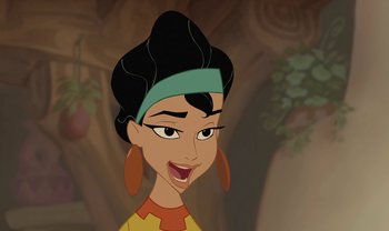 Movie still from “The Emperor's New Groove” (2000), directed by Mark Dindal – A woman is smiling and wearing a headband; Close Up shot, High angle
