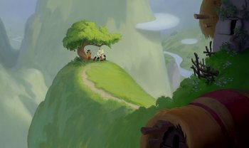 Movie still from “The Emperor's New Groove” (2000), directed by Mark Dindal – An artistic painting of a tree on top of a hill; Extreme Wide shot, Low angle