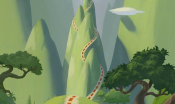 Movie still from “The Emperor's New Groove” (2000), directed by Mark Dindal – An illustration of a road going through a forest; Extreme Wide shot, High angle