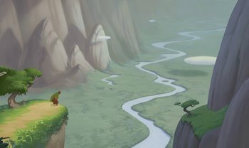 Movie still from “The Emperor's New Groove” (2000), directed by Mark Dindal – An image of an animated scene with a river running through it; Extreme Wide shot, High angle