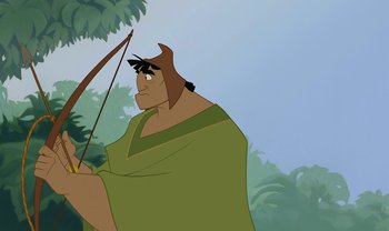 Movie still from “The Emperor's New Groove” (2000), directed by Mark Dindal – An image of an animated character holding a bow and arrow; Medium shot, Over the shoulder angle