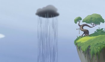 Movie still from “The Emperor's New Groove” (2000), directed by Mark Dindal – An ostrich standing on top of a cliff under a rain cloud; Extreme Wide shot, Low angle
