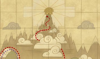 Movie still from “The Emperor's New Groove” (2000), directed by Mark Dindal – A painting of a lighthouse with a red line coming out of it; Extreme Wide shot, Overhead angle