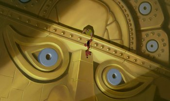 Movie still from “The Emperor's New Groove” (2000), directed by Mark Dindal – A painting of a man hanging upside down from a metal structure; Extreme Wide shot, Low angle