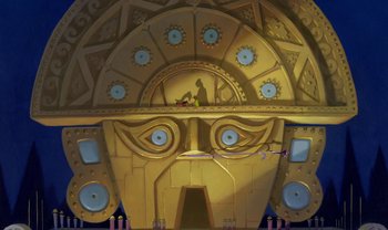 Movie still from “The Emperor's New Groove” (2000), directed by Mark Dindal – A large gold building with a large face on it; Extreme Wide shot, Low angle