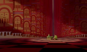 Movie still from “The Emperor's New Groove” (2000), directed by Mark Dindal – A scene of a movie set with a lot of characters; Extreme Wide shot, High angle