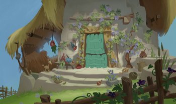 Movie still from “The Emperor's New Groove” (2000), directed by Mark Dindal – An illustration of an entrance to an outdoor jungle setting; Wide shot, Low angle