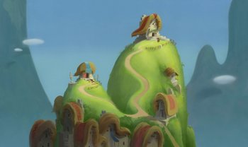 Movie still from “The Emperor's New Groove” (2000), directed by Mark Dindal – An illustration of a green hill with houses on it; Extreme Wide shot, High angle