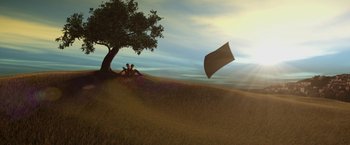 Movie still from “The End of the Tour” (2015), directed by James Ponsoldt – Two people sitting under a tree with a kite flying in the background; Extreme Wide shot, Low angle