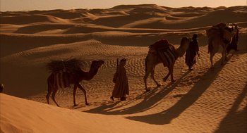 Movie still from “The English Patient” (1996), directed by Anthony Minghella – A man leading three camels across the desert; Extreme Wide shot, High angle