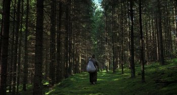 Movie still from “The Field Guide to Evil” (2018), directed by Can Evrenol – A person walking through a forest with a bag; Extreme Wide shot, Low angle