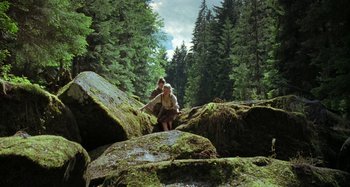 Movie still from “The Field Guide to Evil” (2018), directed by Can Evrenol – A man and a woman are standing in the woods; Wide shot, High angle
