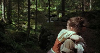Movie still from “The Field Guide to Evil” (2018), directed by Can Evrenol – A young child in a backpack looking at a waterfall; Medium shot, Over the shoulder angle