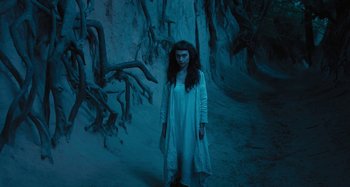 Movie still from “The Field Guide to Evil” (2018), directed by Can Evrenol – A woman standing in front of a wall with trees; Wide shot, High angle