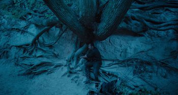 Movie still from “The Field Guide to Evil” (2018), directed by Can Evrenol – A man sitting on the ground next to a large tree; Wide shot, Overhead angle