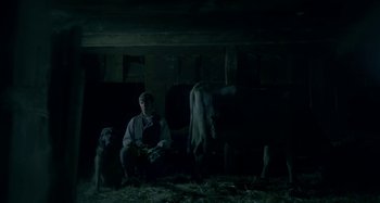 Movie still from “The Field Guide to Evil” (2018), directed by Can Evrenol – A man and a dog in a dark room; Wide shot, Low angle