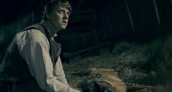 Movie still from “The Field Guide to Evil” (2018), directed by Can Evrenol – A young man sitting in a hay field next to a dog; Close Up shot, High angle