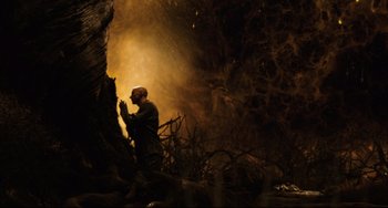 Movie still from “The Fountain” (2006), directed by Darren Aronofsky – A man standing next to a tree in the dark; Wide shot, Low angle