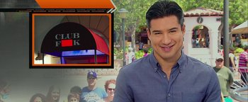 Movie still from “Popstar: Never Stop Never Stopping” (2016), directed by Akiva Schaffer – A man standing in front of an image of people; Medium shot, Low angle