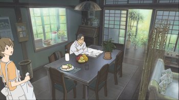 Movie still from “The Girl Who Leapt Through Time” (2006), directed by Mamoru Hosoda – A man sitting at a table with a plate of fruit; Wide shot, High angle