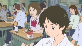 Movie still from “The Girl Who Leapt Through Time” (2006), directed by Mamoru Hosoda – A group of people sitting at tables in a room; Close Up shot, Over the shoulder angle