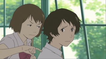 Movie still from “The Girl Who Leapt Through Time” (2006), directed by Mamoru Hosoda – A woman pointing at a man's face while he looks at him; Close Up shot, Over the shoulder angle