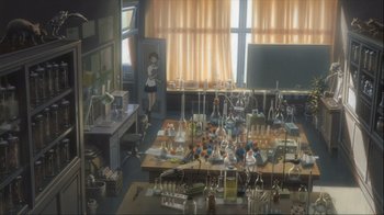 Movie still from “The Girl Who Leapt Through Time” (2006), directed by Mamoru Hosoda – A room filled with lots and lots and lots of glassware; Extreme Wide shot, High angle